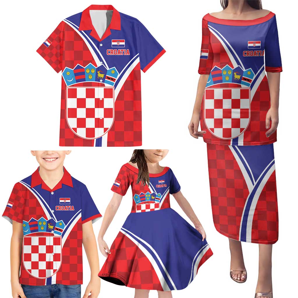 Personalized Croatia Coat of Arms Family Matching Puletasi and Hawaiian Shirt Checkerboard Style