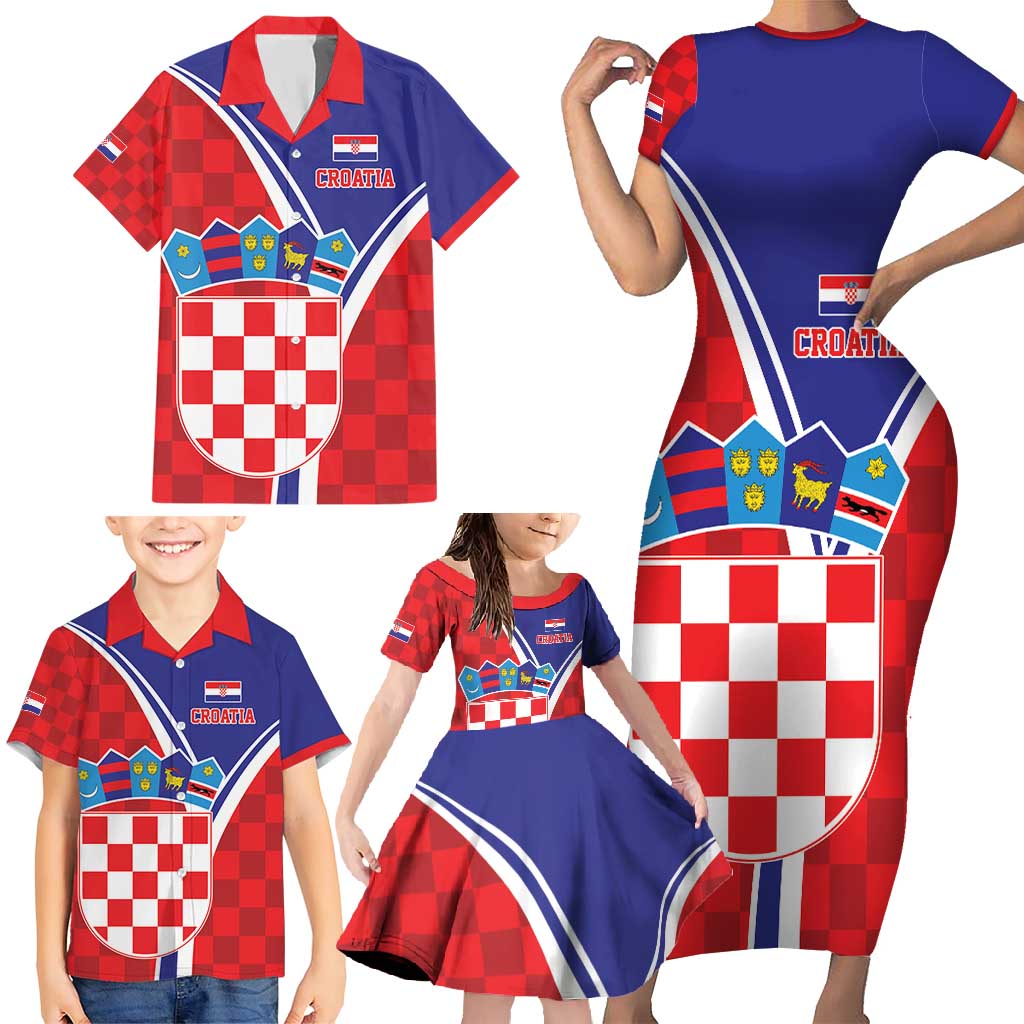 Personalized Croatia Coat of Arms Family Matching Short Sleeve Bodycon Dress and Hawaiian Shirt Checkerboard Style