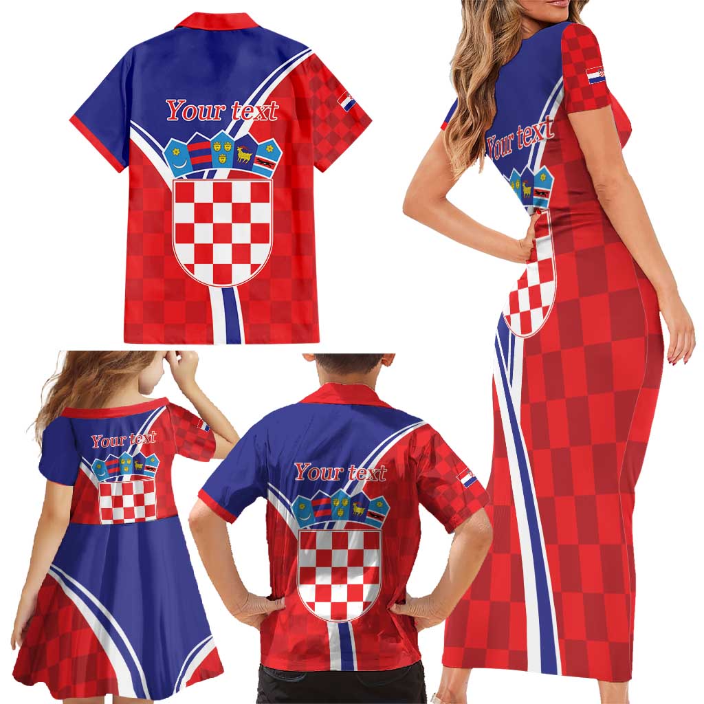 Personalized Croatia Coat of Arms Family Matching Short Sleeve Bodycon Dress and Hawaiian Shirt Checkerboard Style