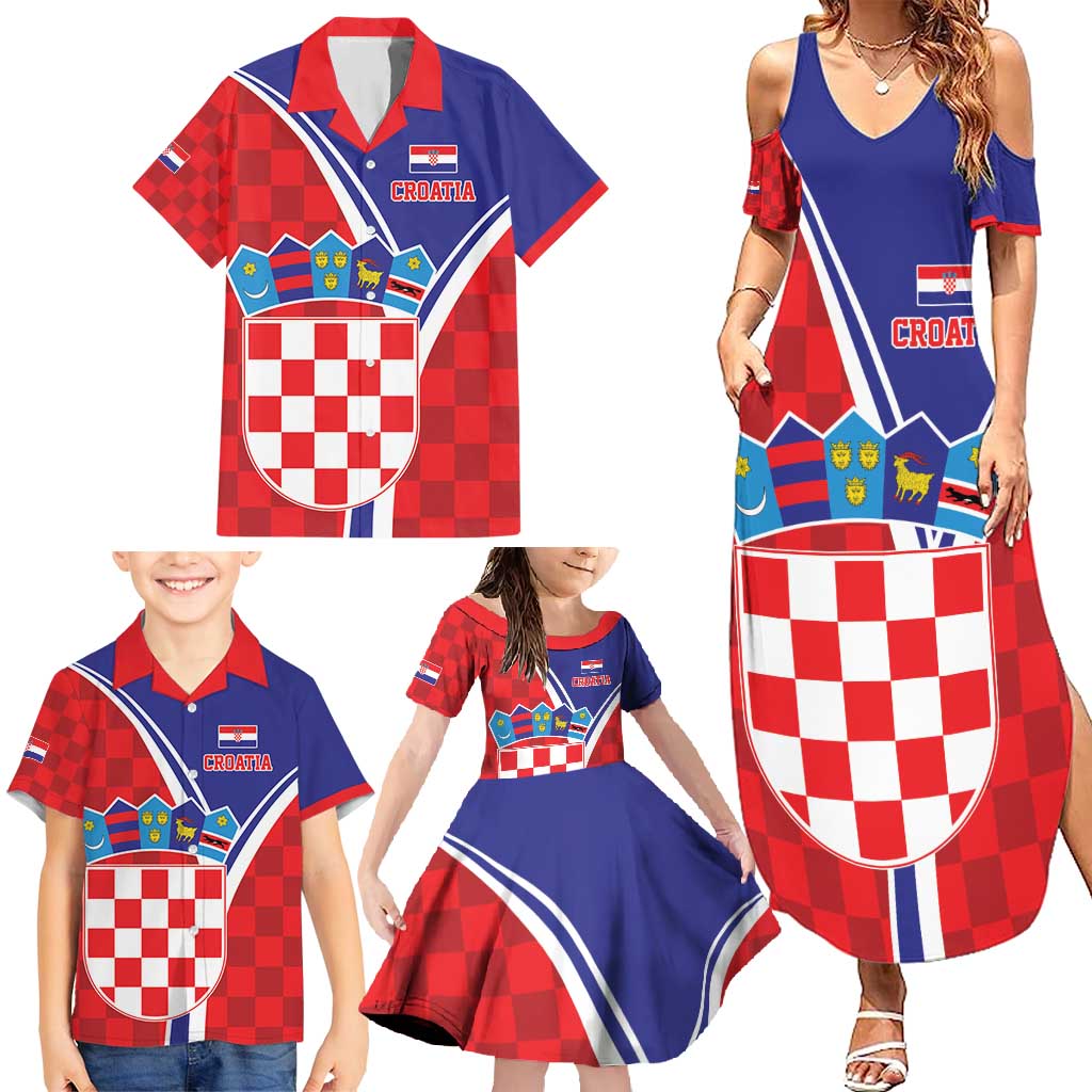 Personalized Croatia Coat of Arms Family Matching Summer Maxi Dress and Hawaiian Shirt Checkerboard Style