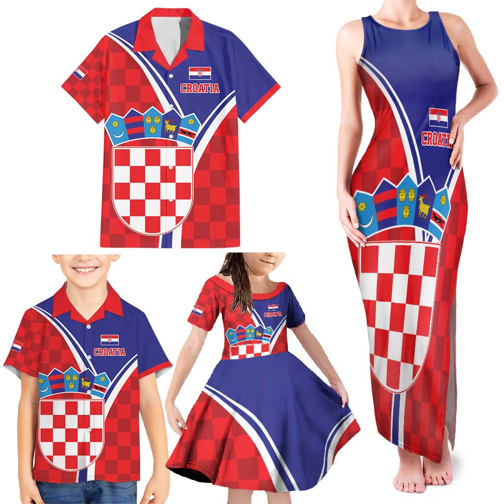 Personalized Croatia Coat of Arms Family Matching Tank Maxi Dress and Hawaiian Shirt Checkerboard Style