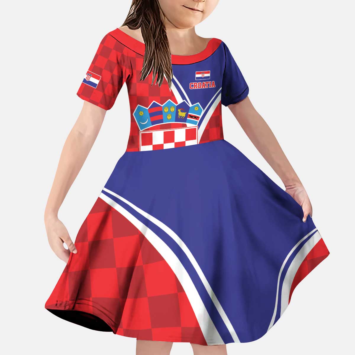 Personalized Croatia Coat of Arms Kid Short Sleeve Dress Checkerboard Style