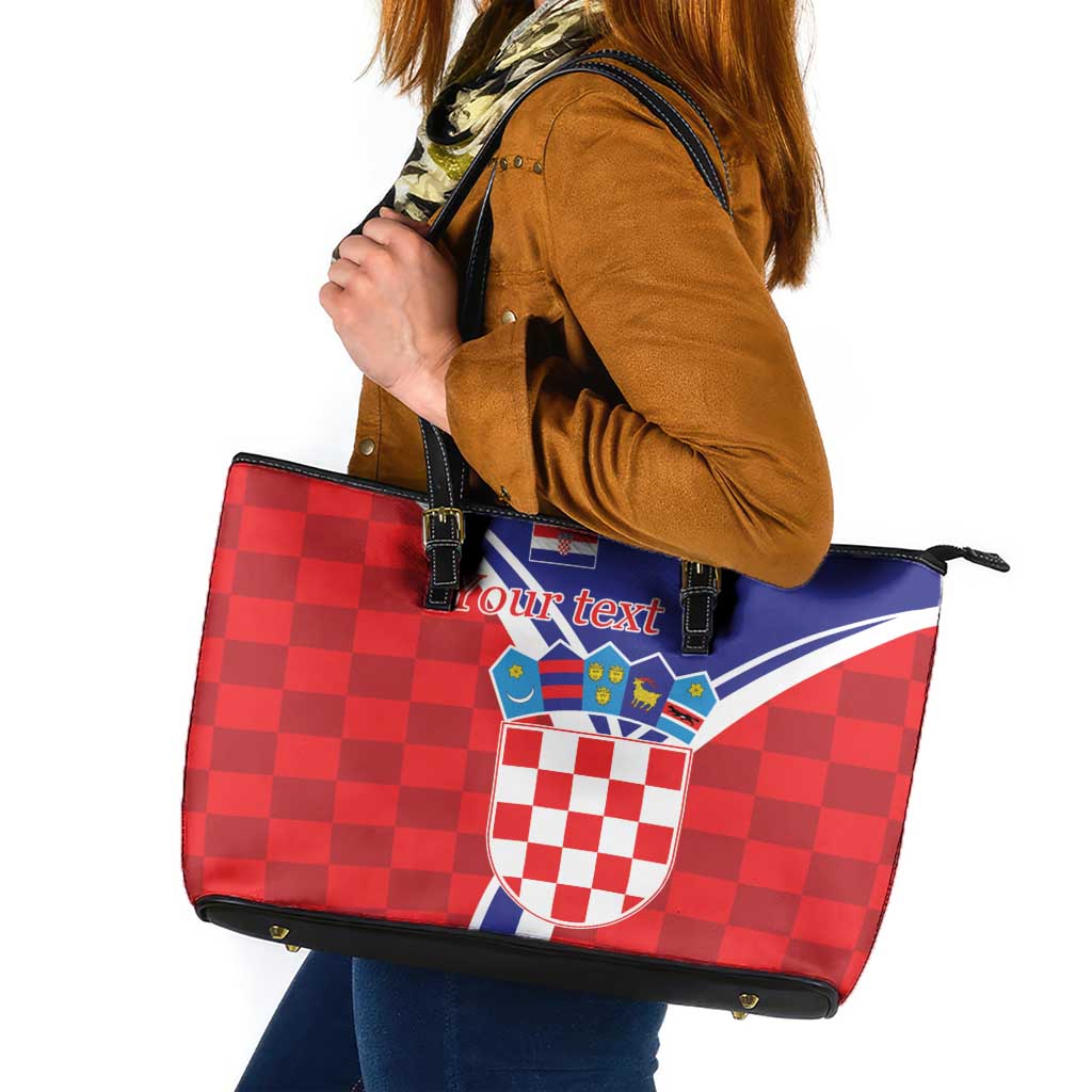 Personalized Croatia Coat of Arms Leather Tote Bag Checkerboard Style