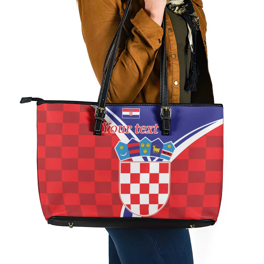 Personalized Croatia Coat of Arms Leather Tote Bag Checkerboard Style