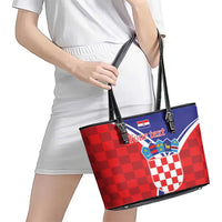 Personalized Croatia Coat of Arms Leather Tote Bag Checkerboard Style