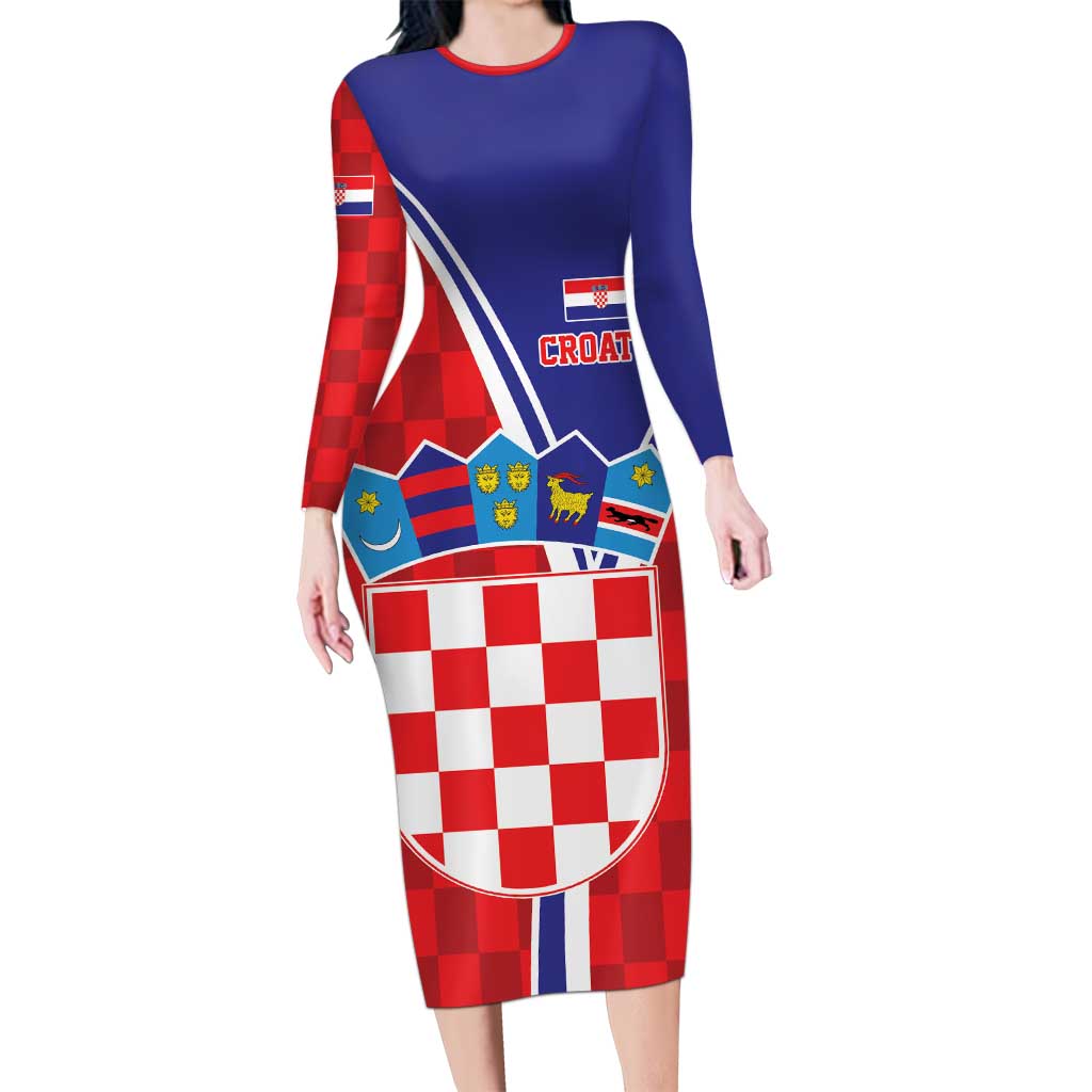 Personalized Croatia Coat of Arms Long Sleeve Bodycon Dress Checkerboard Style