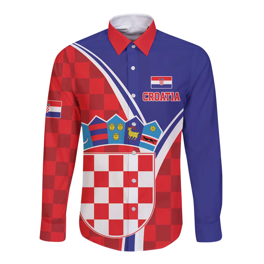Personalized Croatia Coat of Arms Long Sleeve Button Shirt Checkerboard Style