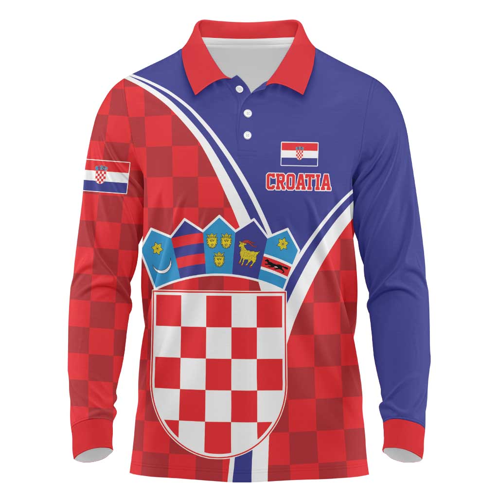 Personalized Croatia Coat of Arms Long Sleeve Polo Shirt Checkerboard Style