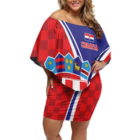 Personalized Croatia Coat of Arms Off Shoulder Short Dress Checkerboard Style