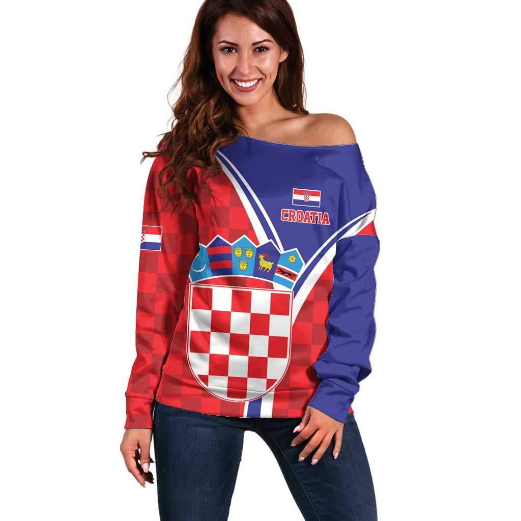 Personalized Croatia Coat of Arms Off Shoulder Sweater Checkerboard Style