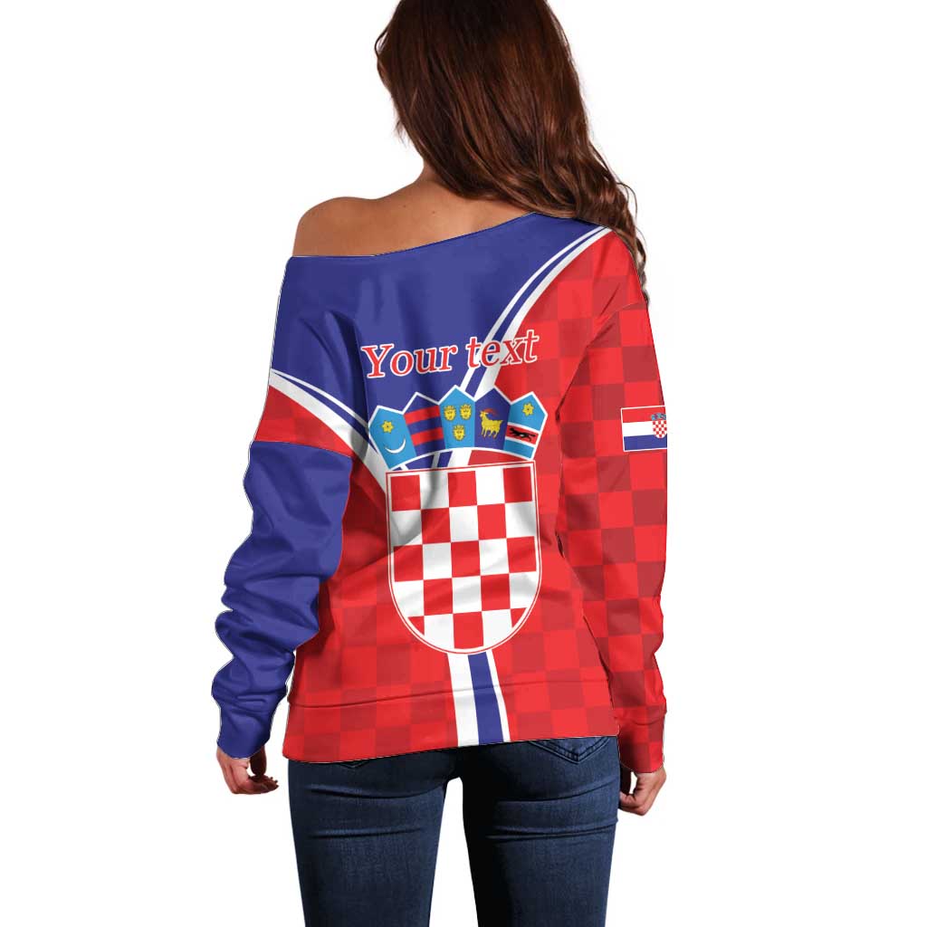 Personalized Croatia Coat of Arms Off Shoulder Sweater Checkerboard Style
