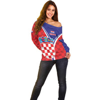 Personalized Croatia Coat of Arms Off Shoulder Sweater Checkerboard Style