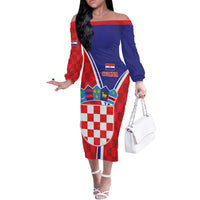 Personalized Croatia Coat of Arms Off The Shoulder Long Sleeve Dress Checkerboard Style