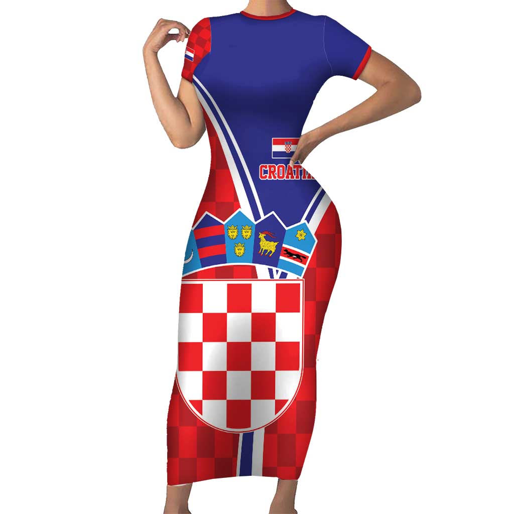 Personalized Croatia Coat of Arms Short Sleeve Bodycon Dress Checkerboard Style