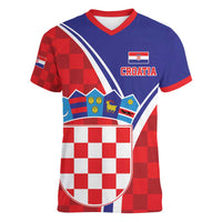 Personalized Croatia Coat of Arms Women V-Neck T-Shirt Checkerboard Style