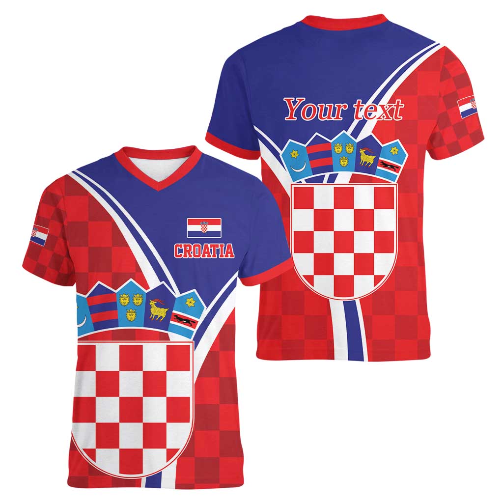 Personalized Croatia Coat of Arms Women V-Neck T-Shirt Checkerboard Style