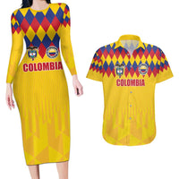 Custom Colombia Football Couples Matching Long Sleeve Bodycon Dress and Hawaiian Shirt Retro Yellow Style