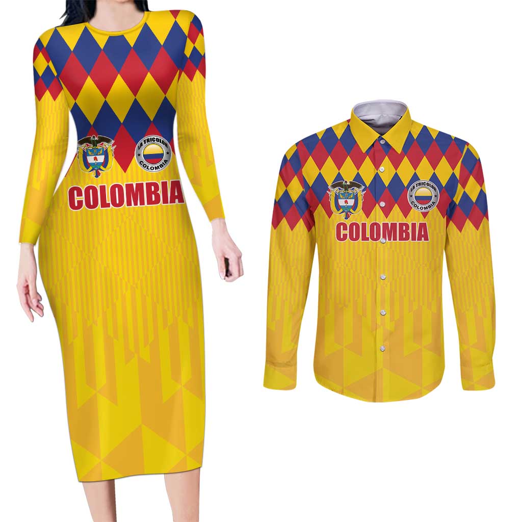 Custom Colombia Football Couples Matching Long Sleeve Bodycon Dress and Long Sleeve Button Shirt Retro Yellow Style