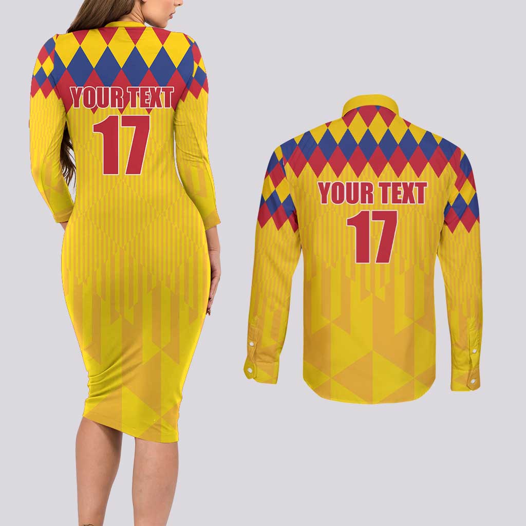 Custom Colombia Football Couples Matching Long Sleeve Bodycon Dress and Long Sleeve Button Shirt Retro Yellow Style