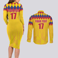 Custom Colombia Football Couples Matching Long Sleeve Bodycon Dress and Long Sleeve Button Shirt Retro Yellow Style