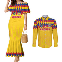 Custom Colombia Football Couples Matching Mermaid Dress and Long Sleeve Button Shirt Retro Yellow Style