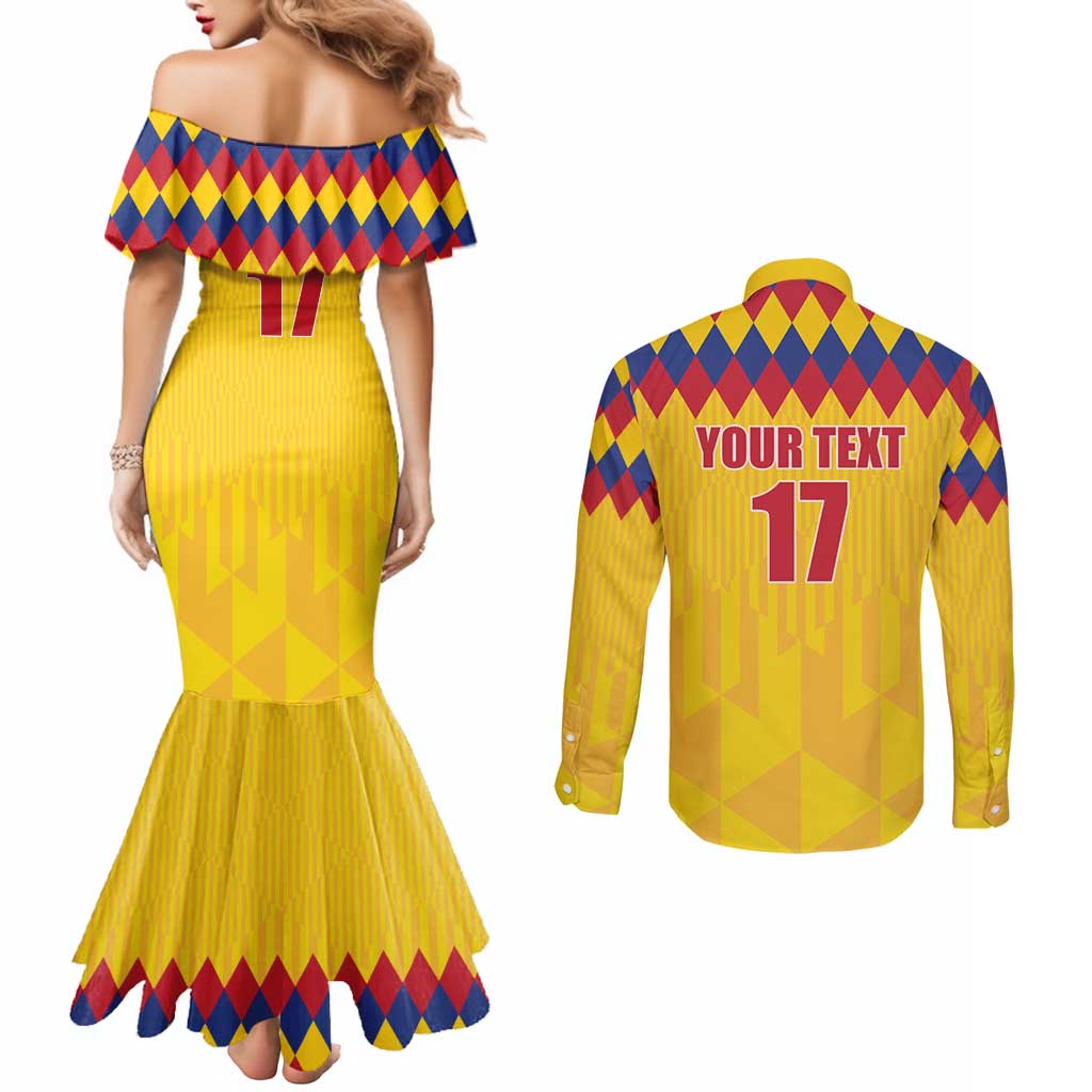 Custom Colombia Football Couples Matching Mermaid Dress and Long Sleeve Button Shirt Retro Yellow Style