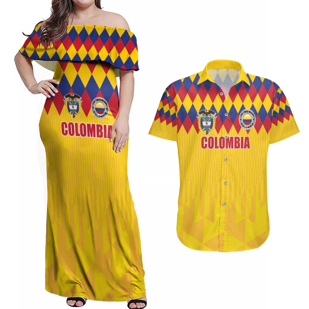 Custom Colombia Football Couples Matching Off Shoulder Maxi Dress and Hawaiian Shirt Retro Yellow Style