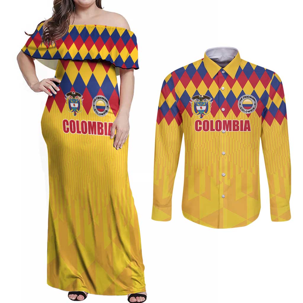 Custom Colombia Football Couples Matching Off Shoulder Maxi Dress and Long Sleeve Button Shirt Retro Yellow Style
