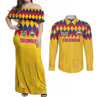 Custom Colombia Football Couples Matching Off Shoulder Maxi Dress and Long Sleeve Button Shirt Retro Yellow Style