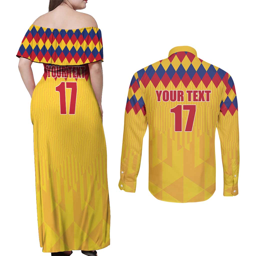 Custom Colombia Football Couples Matching Off Shoulder Maxi Dress and Long Sleeve Button Shirt Retro Yellow Style