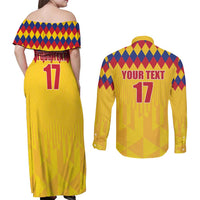 Custom Colombia Football Couples Matching Off Shoulder Maxi Dress and Long Sleeve Button Shirt Retro Yellow Style