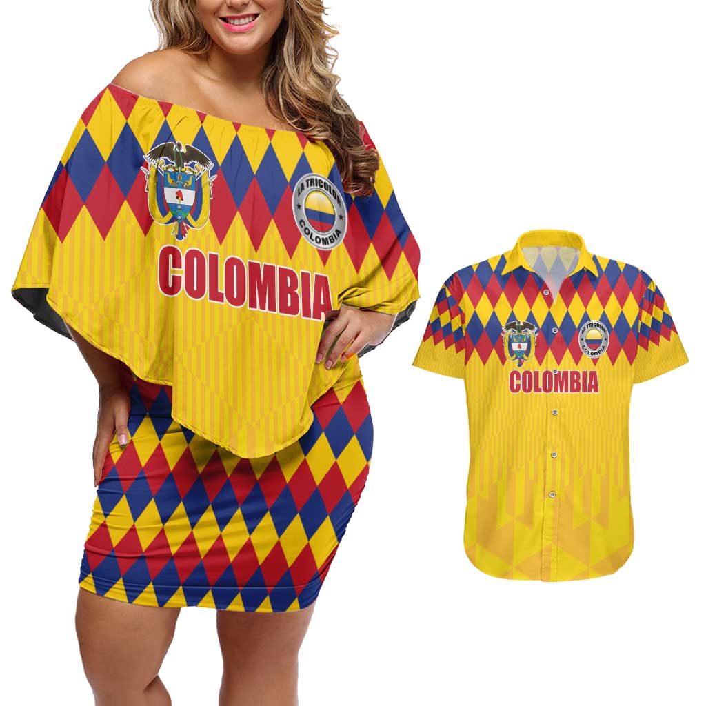 Custom Colombia Football Couples Matching Off Shoulder Short Dress and Hawaiian Shirt Retro Yellow Style