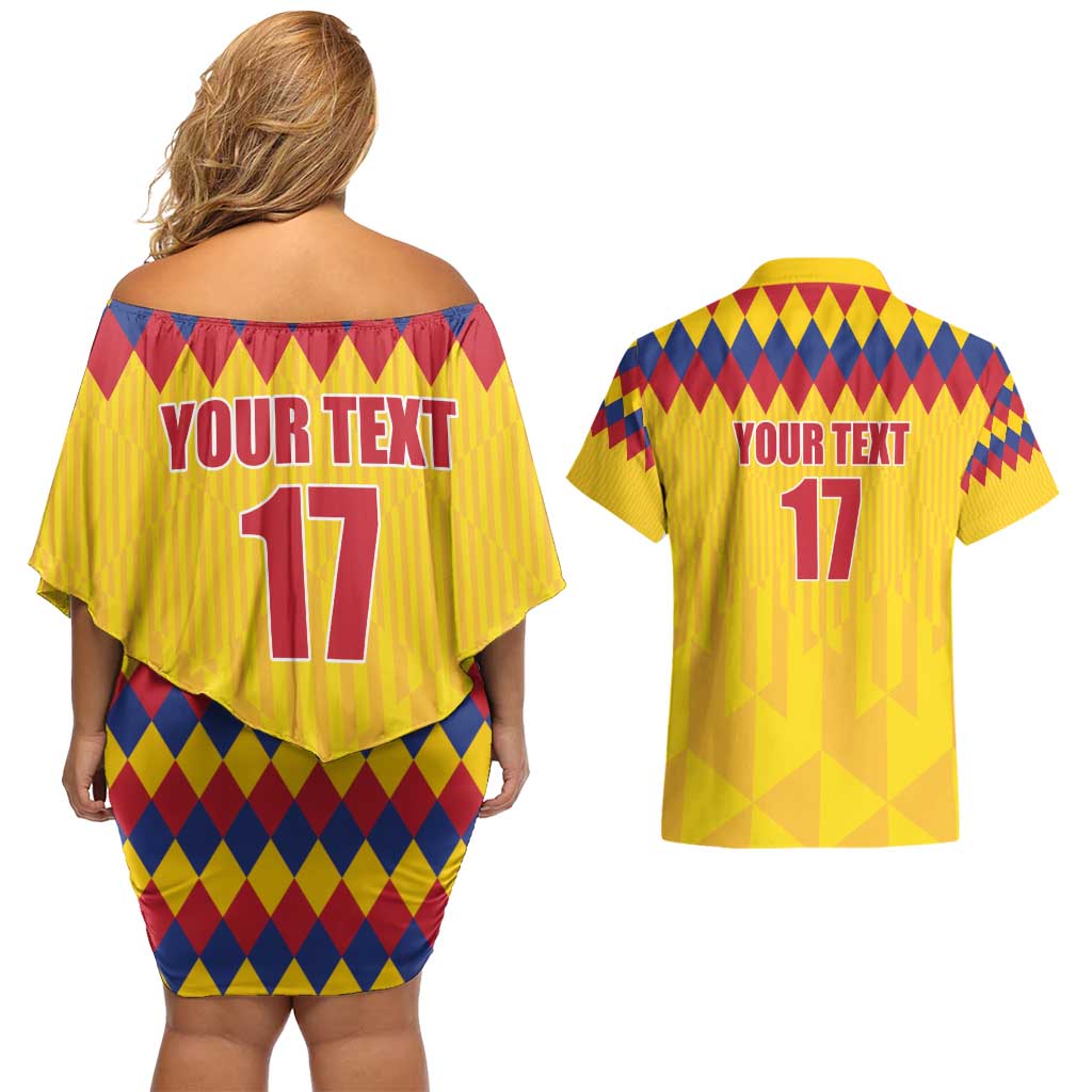 Custom Colombia Football Couples Matching Off Shoulder Short Dress and Hawaiian Shirt Retro Yellow Style