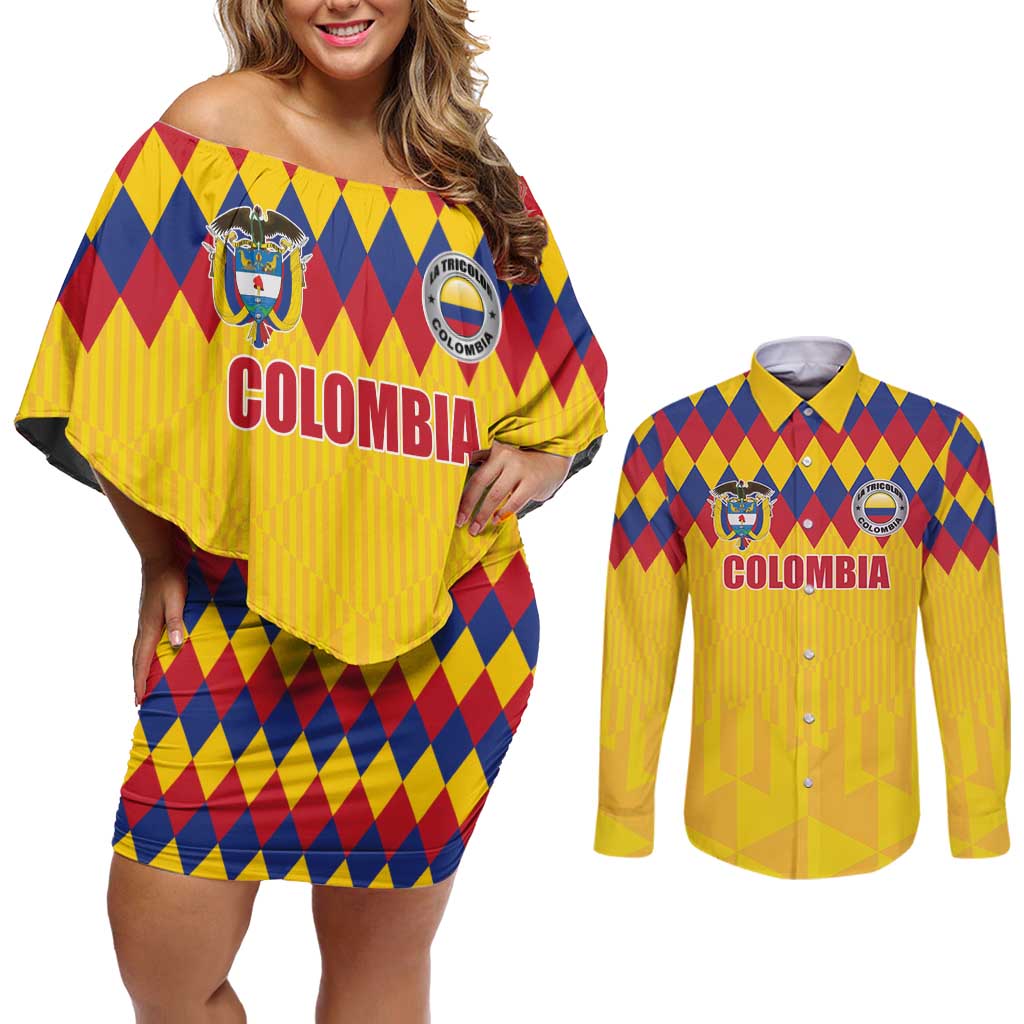 Custom Colombia Football Couples Matching Off Shoulder Short Dress and Long Sleeve Button Shirt Retro Yellow Style