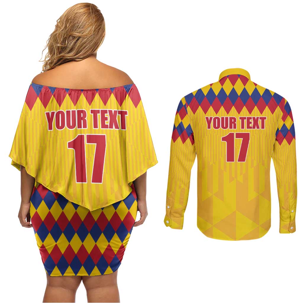Custom Colombia Football Couples Matching Off Shoulder Short Dress and Long Sleeve Button Shirt Retro Yellow Style