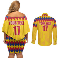 Custom Colombia Football Couples Matching Off Shoulder Short Dress and Long Sleeve Button Shirt Retro Yellow Style