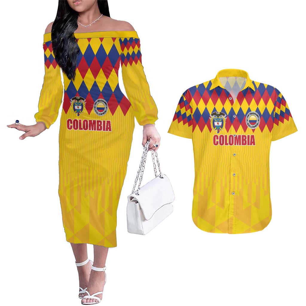 Custom Colombia Football Couples Matching Off The Shoulder Long Sleeve Dress and Hawaiian Shirt Retro Yellow Style