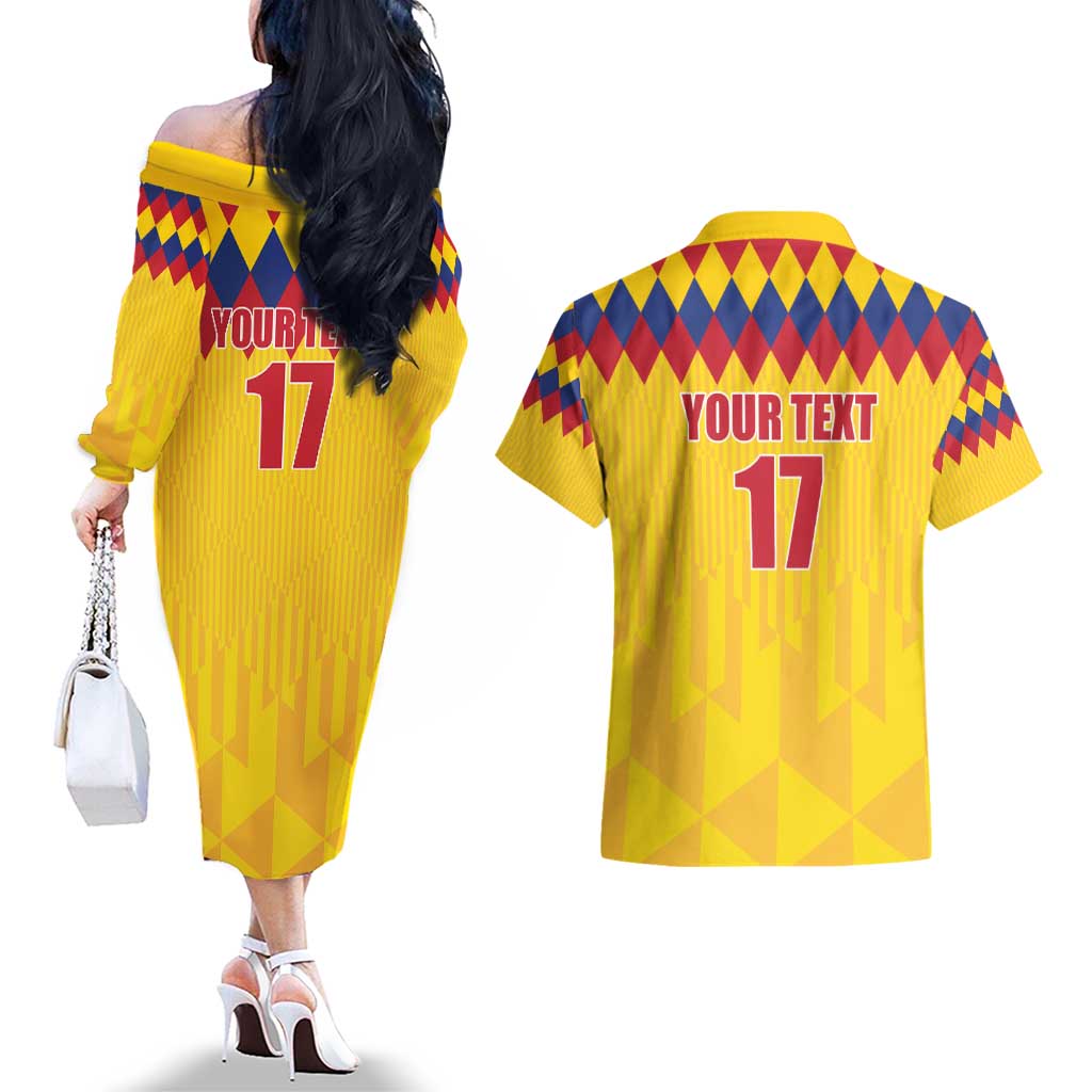Custom Colombia Football Couples Matching Off The Shoulder Long Sleeve Dress and Hawaiian Shirt Retro Yellow Style