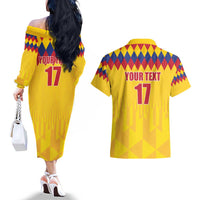 Custom Colombia Football Couples Matching Off The Shoulder Long Sleeve Dress and Hawaiian Shirt Retro Yellow Style