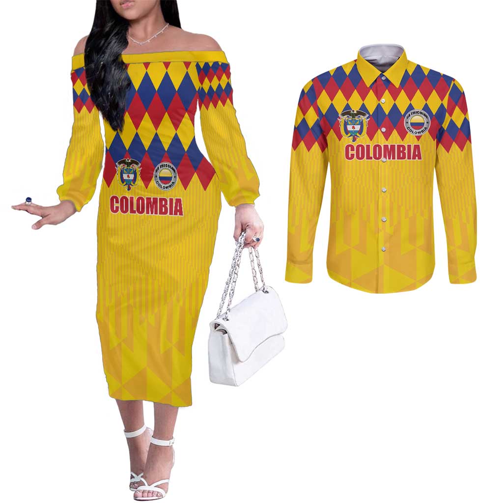 Custom Colombia Football Couples Matching Off The Shoulder Long Sleeve Dress and Long Sleeve Button Shirt Retro Yellow Style