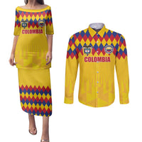 Custom Colombia Football Couples Matching Puletasi and Long Sleeve Button Shirt Retro Yellow Style