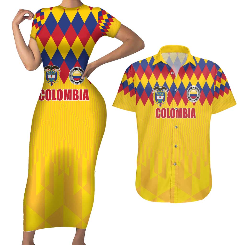 Custom Colombia Football Couples Matching Short Sleeve Bodycon Dress and Hawaiian Shirt Retro Yellow Style