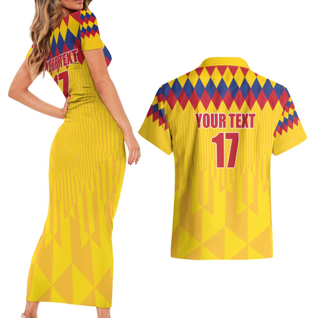 Custom Colombia Football Couples Matching Short Sleeve Bodycon Dress and Hawaiian Shirt Retro Yellow Style