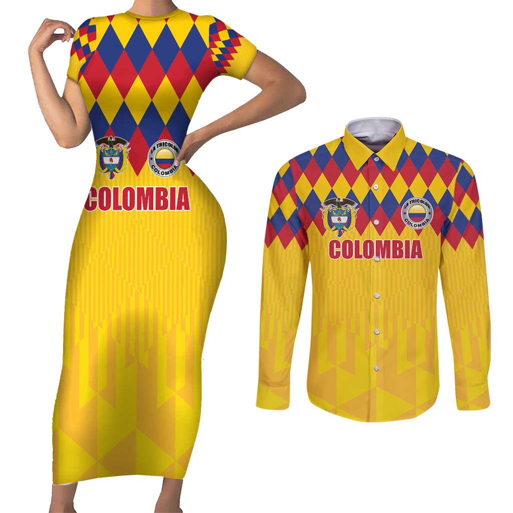Custom Colombia Football Couples Matching Short Sleeve Bodycon Dress and Long Sleeve Button Shirt Retro Yellow Style