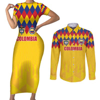 Custom Colombia Football Couples Matching Short Sleeve Bodycon Dress and Long Sleeve Button Shirt Retro Yellow Style
