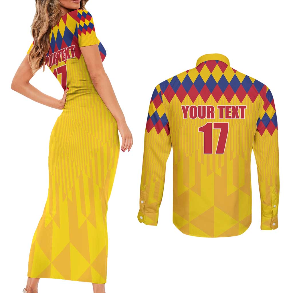 Custom Colombia Football Couples Matching Short Sleeve Bodycon Dress and Long Sleeve Button Shirt Retro Yellow Style
