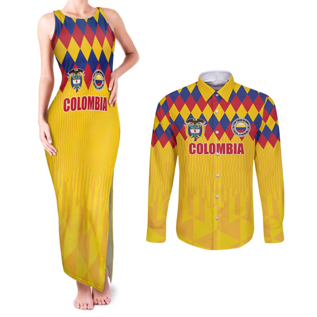 Custom Colombia Football Couples Matching Tank Maxi Dress and Long Sleeve Button Shirt Retro Yellow Style