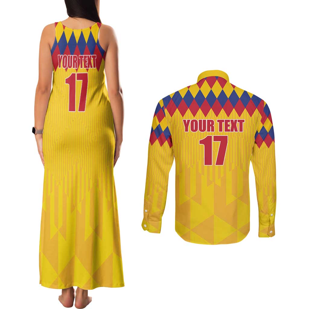 Custom Colombia Football Couples Matching Tank Maxi Dress and Long Sleeve Button Shirt Retro Yellow Style