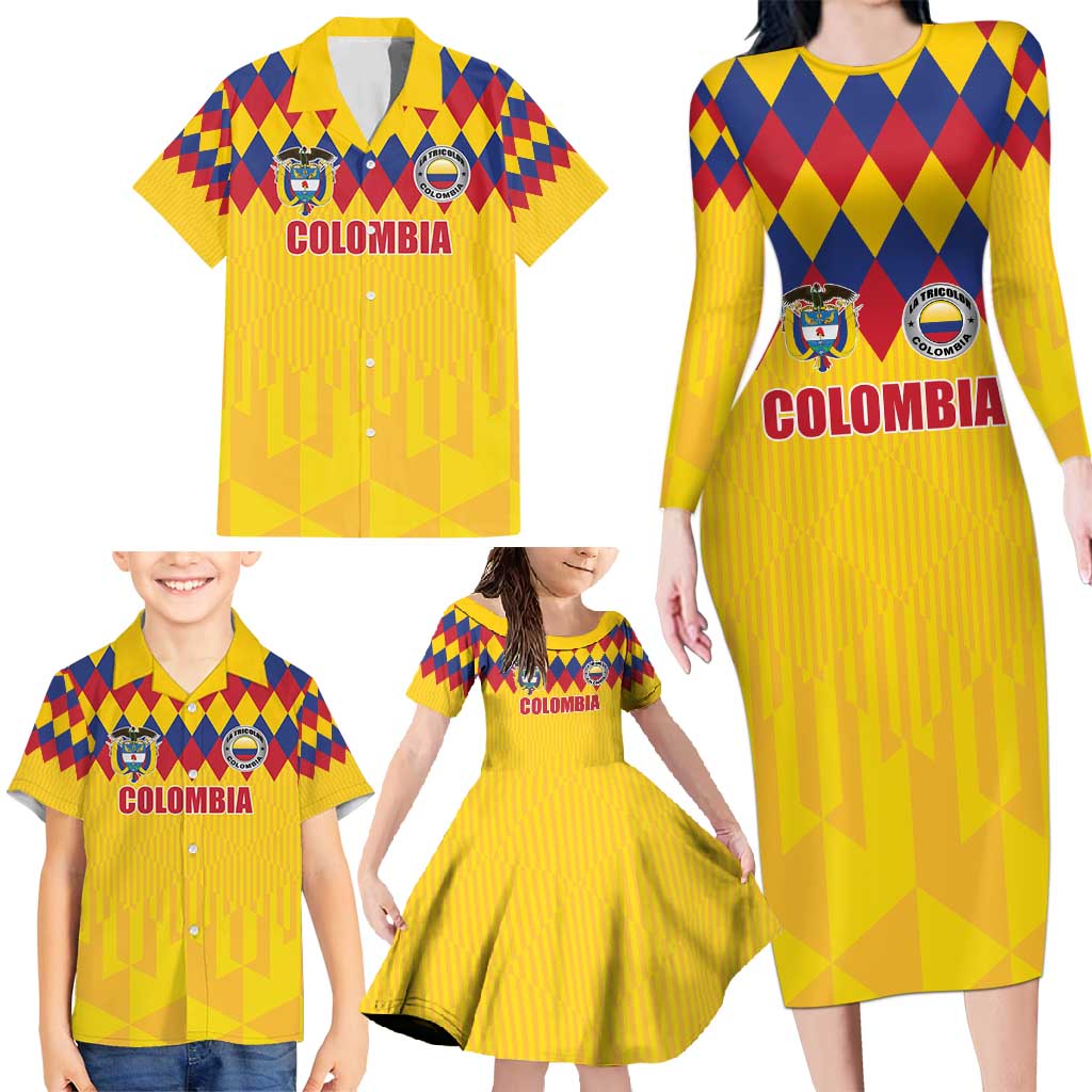 Custom Colombia Football Family Matching Long Sleeve Bodycon Dress and Hawaiian Shirt Retro Yellow Style