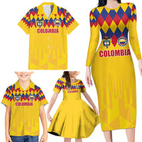 Custom Colombia Football Family Matching Long Sleeve Bodycon Dress and Hawaiian Shirt Retro Yellow Style